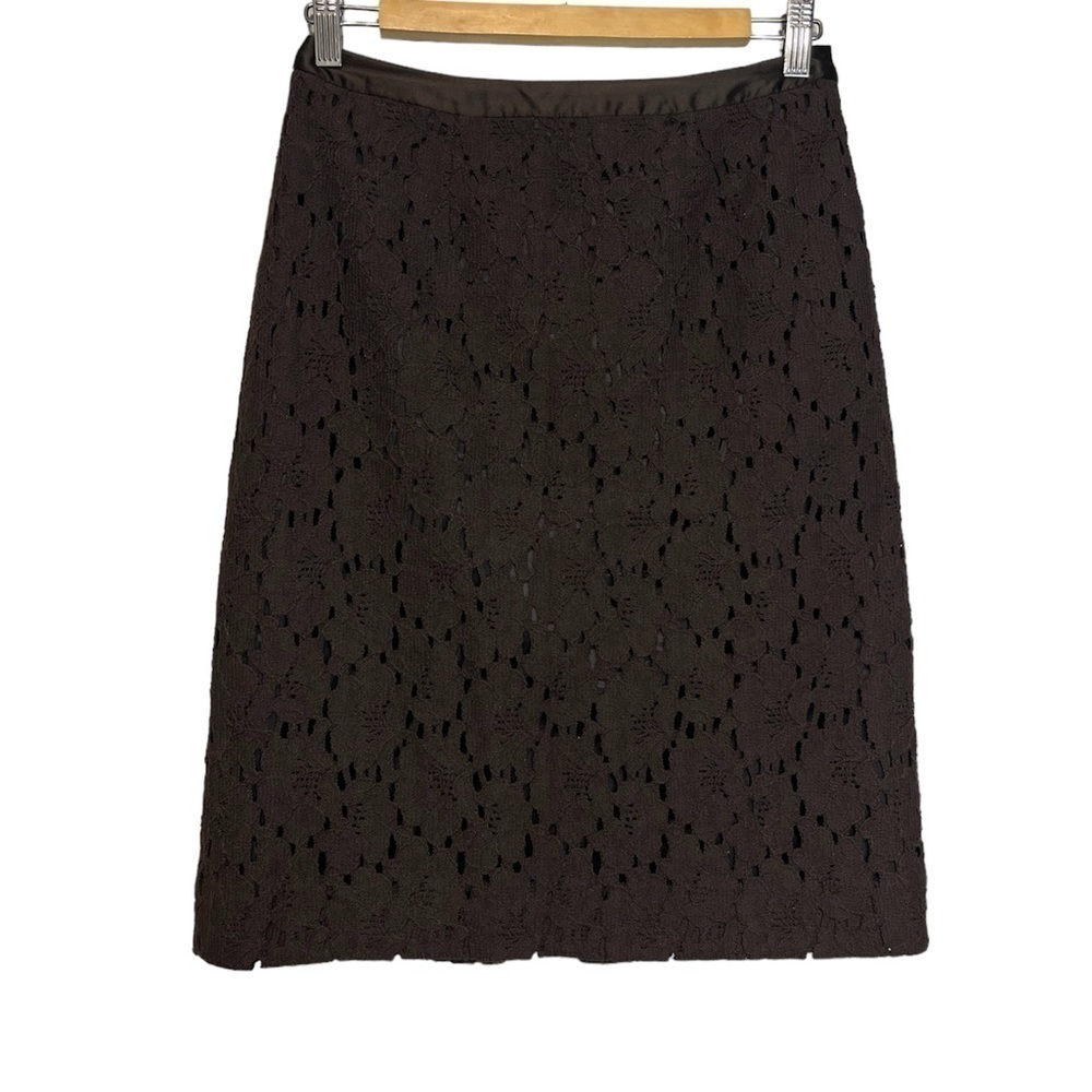 Etcetera Lace Cotton Chocolate Brown High Waisted Midi Pencil Skirt, size 0